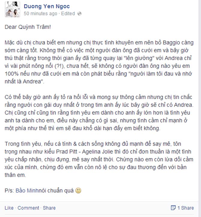 Nguyên văn status của Dương Yến Ngọc trên facebook