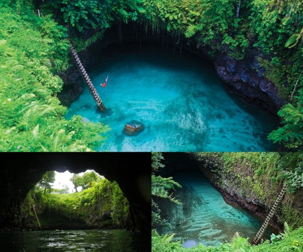 Rãnh To Sua, Lotofaga, Samoa: Hồ nước sâu 30 m trong vắt nằm giữa khung cảnh rừng núi xanh biếc này được mệnh danh là bể bơi tự nhiên đẹp nhất thế giới. Hàng loạt kênh nối với biển Nam Thái Bình Dương khiến hồ không bao giờ cạn nước.