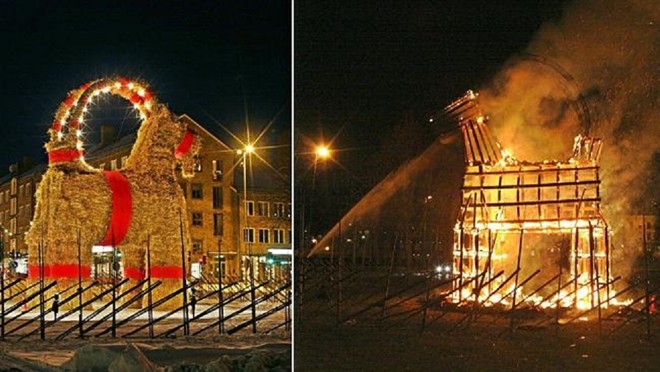 Người dân ở thị trấn Gavle, Tây Ban Nha, dựng hình nộm dê Giáng sinh và đốt nó vào cuối dịp lễ. Ảnh: 