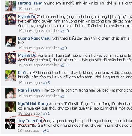 Mỹ Linh đã lên tiếng trên FB của Huy Tuấn về sự cố tại đêm chung kết Vietnam Idol
